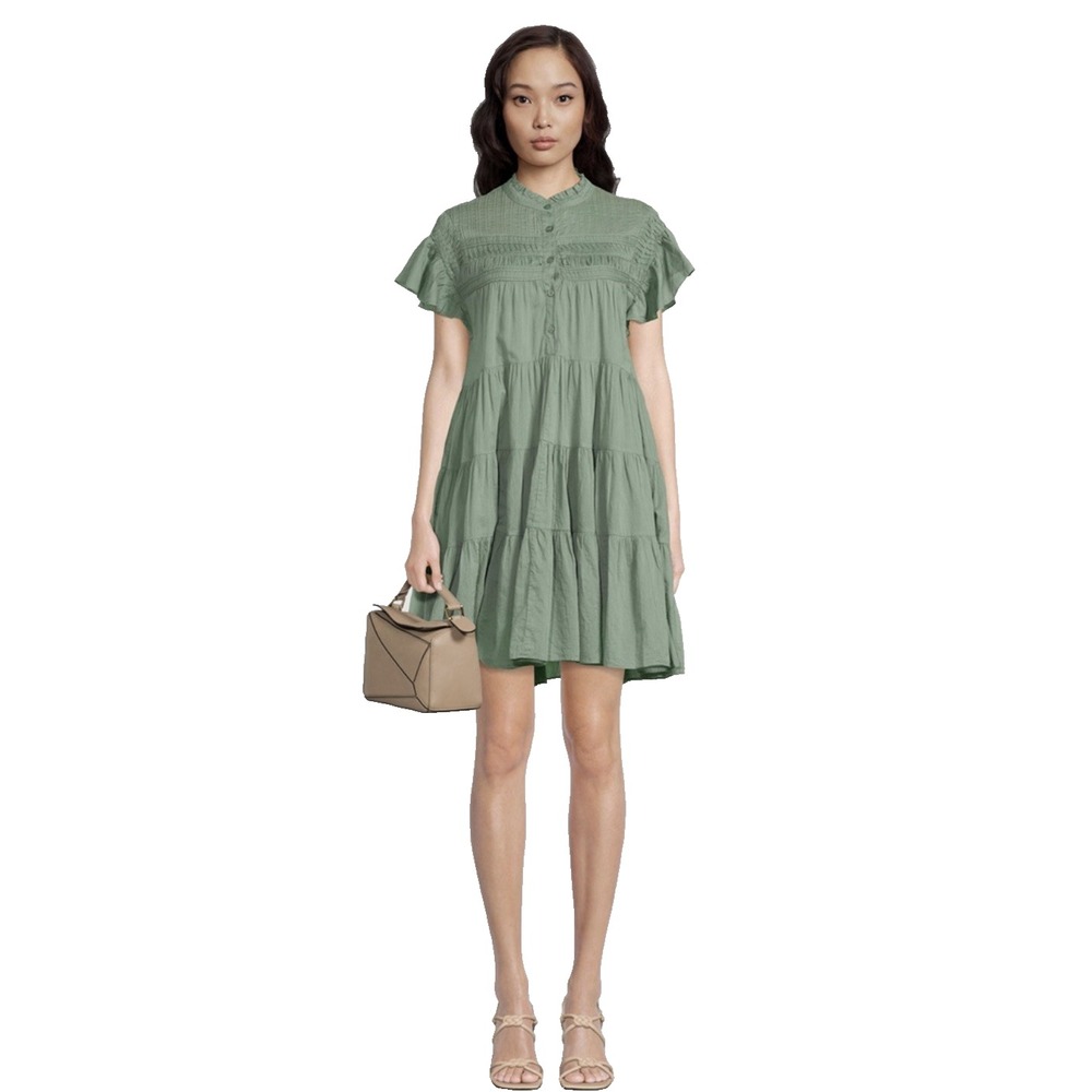 Isabel Marant Étoile Lanikaye Sage Green Tiered Cotton Shirt Dress 38 / Medium